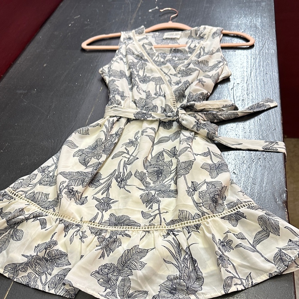 Sienna Sky Cream Dress with Black Floral Print and Tie Waist